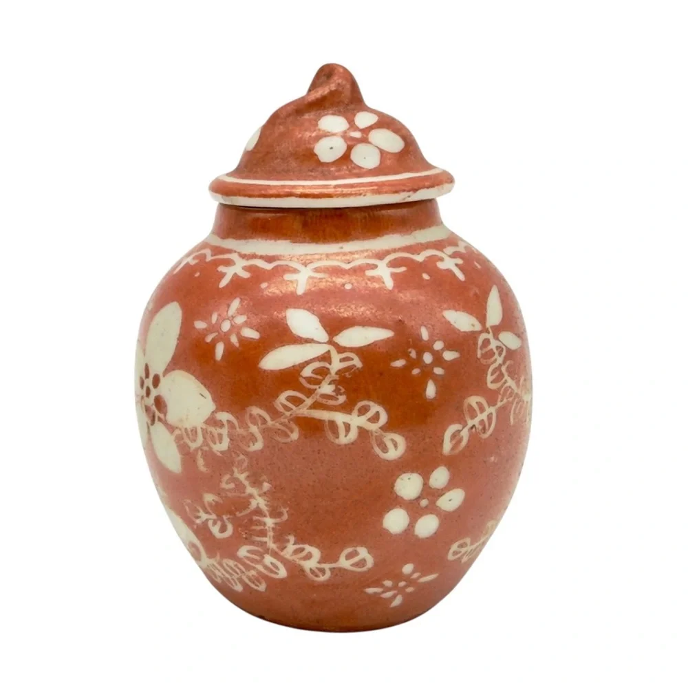 Chinese Miniature Ginger Jar Iron Red White Florals Cross With Display Base Vtg